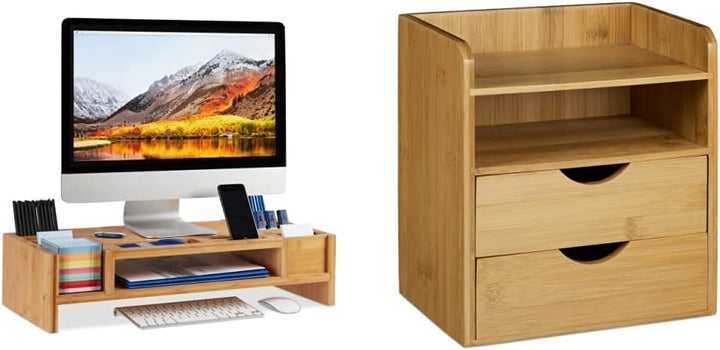 Relaxdays Monitorständer, 14 Fächer, 15x65x28 cm, Natur & Schreibtisch-Organizer: 21x20x13cm Ablages