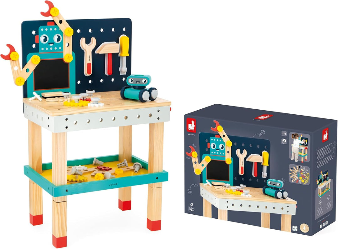 Janod - Brico'Kids Grosse Roboter-Werkbank - Bauspiel Kind - 51 Bauelemente + 3 Werkzeuge + 1 Robote