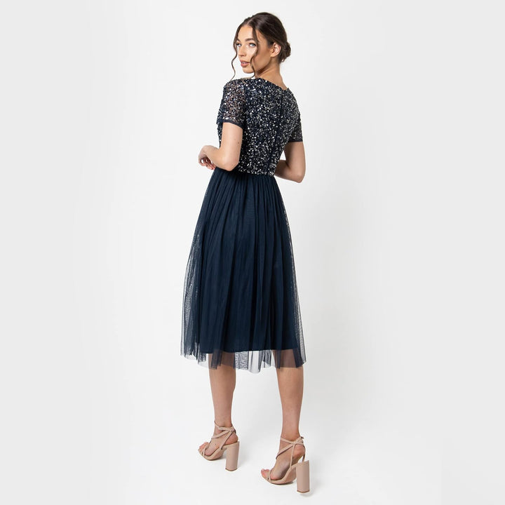 Maya Deluxe Damen Midi-Kleid mit V-Ausschnitt, Verziert Brautjungfernkleid Navy 56, Navy 56
