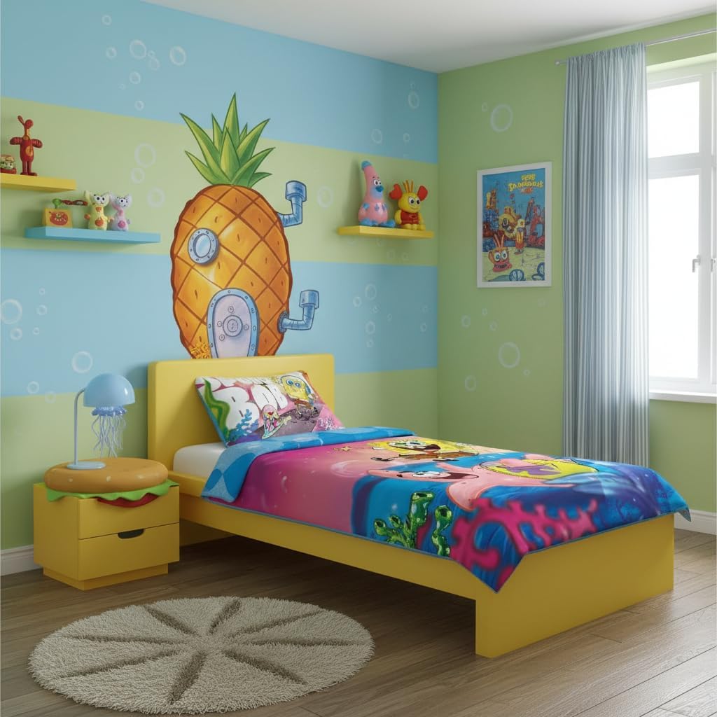 BrandMac Spongebob Schwammkopf Bettwäsche-Set für Kinderbetten | Einzelbett-Bettbezug 140x200 cm mit