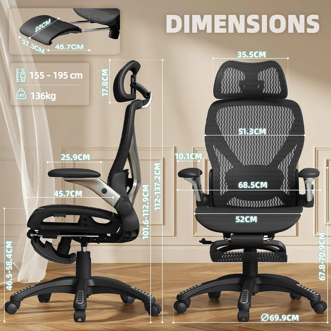ELABEST X100 Ergonomischer Mesh-Bürostuhl mit Hoher Rückenlehne &amp; Fussstütze | 3D-Lordosenstütze, 12