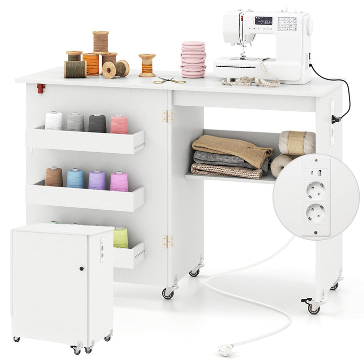 RELAX4LIFE 2 in 1 Nähtisch, Nähmaschinenschrank klappbar mit Ladestation, Nähschrank aus Holz mit Re