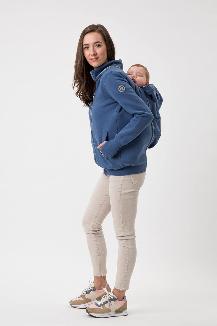 fun2bemum Pola 4in1 Baby Tragejacke für Mama Känguru Kapuze VORNE/HINTEN S Jeans Blau, S Jeans Blau