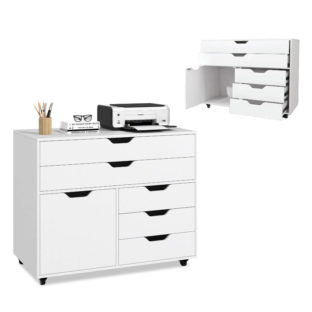 KOMFOTTEU Aktenschrank mit Rollen, Bürocontainer mit 5 Schubladen & 1 Schrank, Rollcontainer Schubla