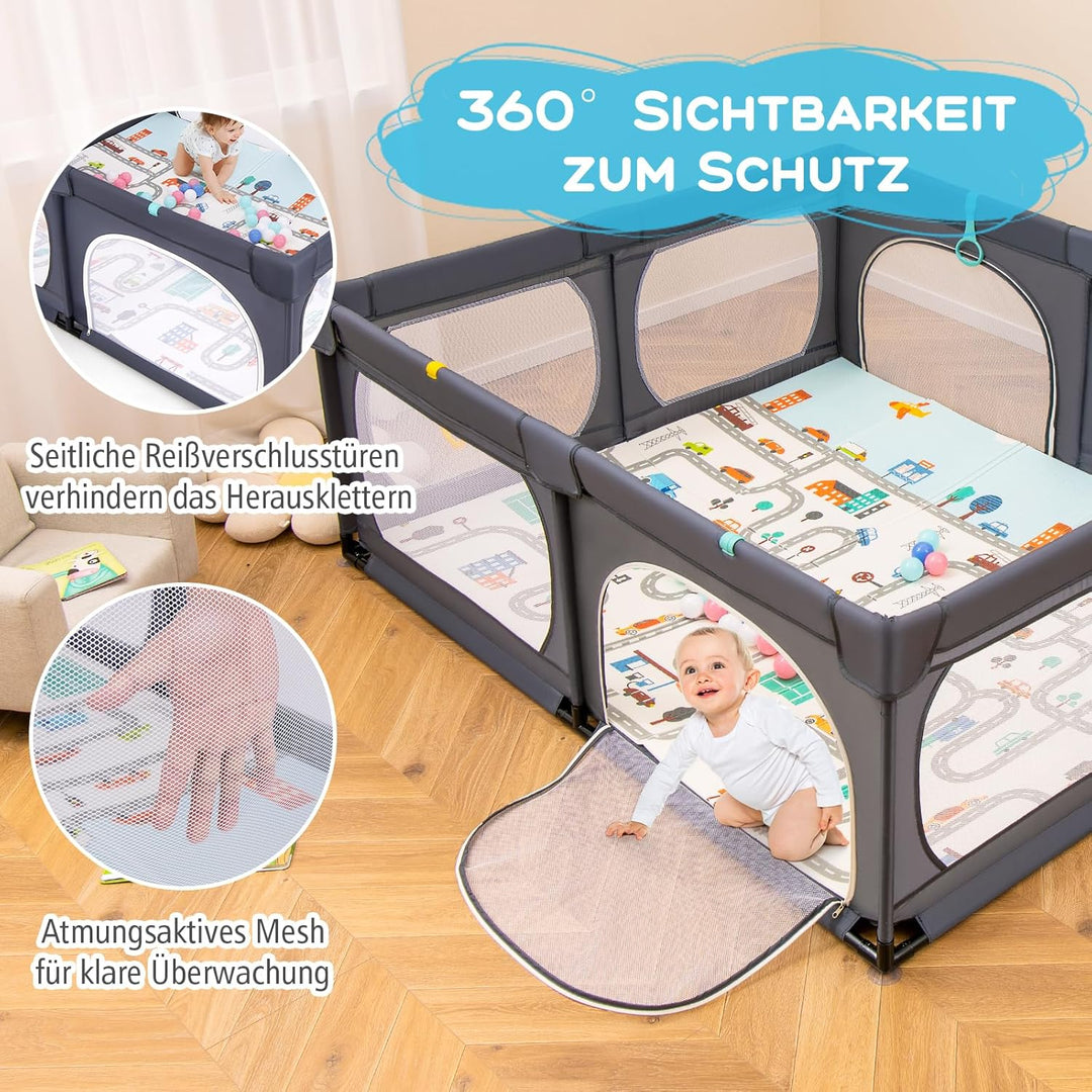 DREAMADE Laufstall Baby, 189 x 158 cm Laufgitter mit Matratze & 4 Zugringen & 50 Ocean Bällen & Trag