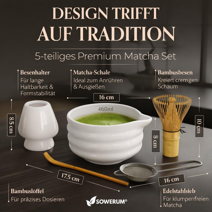 Matcha Set Weiss 5-teilig Schale mit Ausgiesser und [EXTRA ROBUSTEM] Matchabesen Spülmaschinenfest M