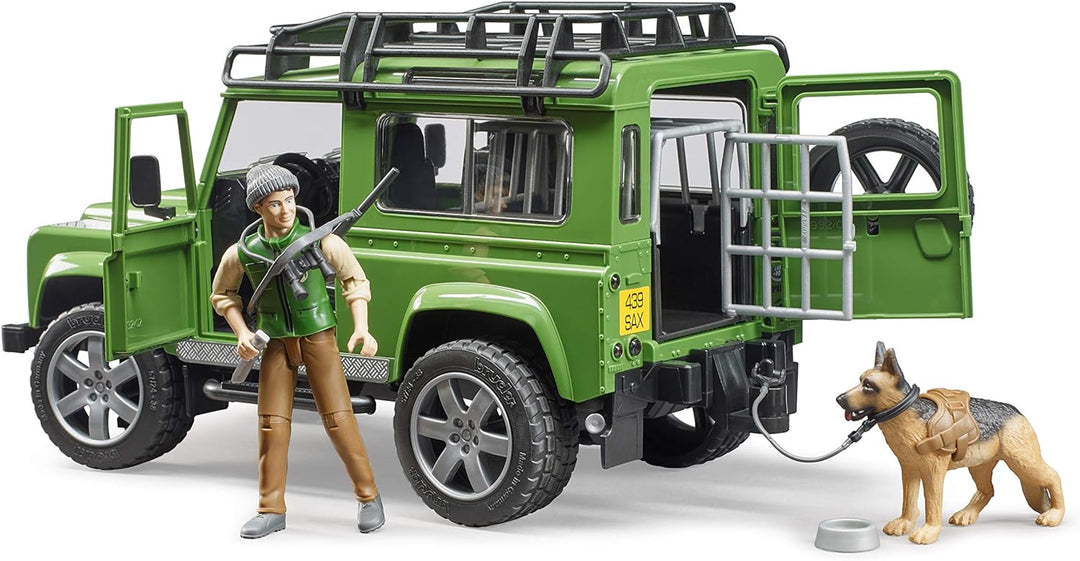 bruder 02587 - Land Rover Defender Station Wagon mit Förster & Hund - 1:16 Geländewagen Jeep Pick-up