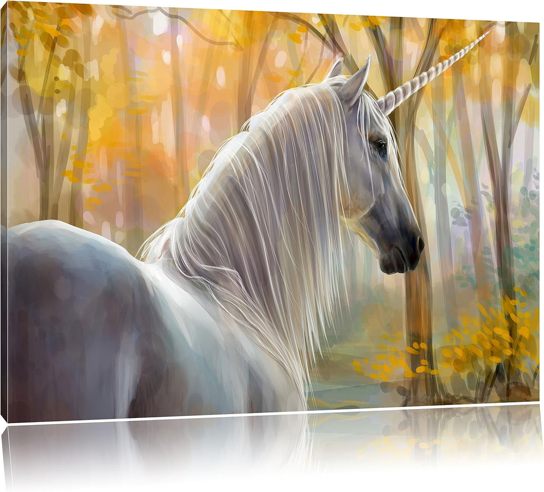 Einsames Einhorn im Wald, Format: 100x70 auf Leinwand, XXL riesige Bilder fertig gerahmt mit Keilrah
