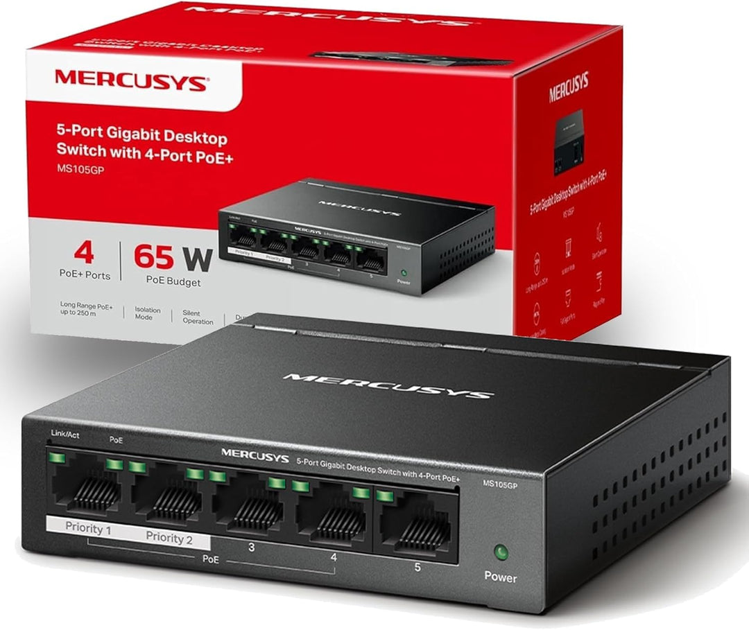 Mercusys MS105GP PoE Switch 5-Port Gigabit LAN Switch mit 4 PoE+ Ports (65 Watt, IEEE-802.3af/at PoE