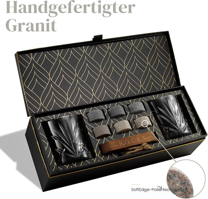 Whiskey Steine Set - 6 Handgefertigte Runde Granit Whisky Steine - 2 Whisky Gläser - Präsentations-