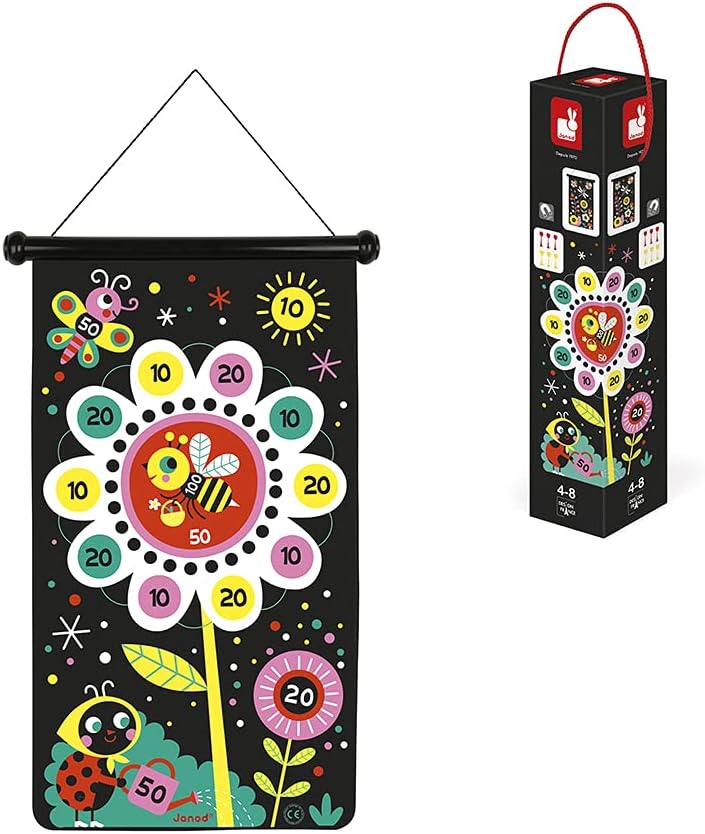Janod - Magnetisches Dartspiel mit Garten-Motiv, doppelseitig, Geschicklichkeitsspiel, zum Erlernen