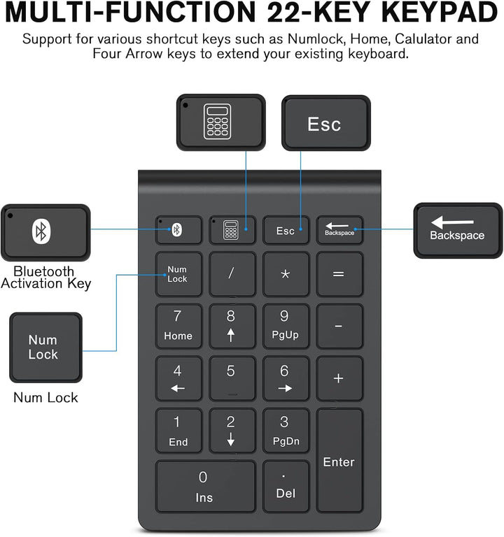 cimetech Bluetooth Numpad- kabellos ziffernblock mit 22 Tasten -10 Multifunktionstasten Multimedia-K