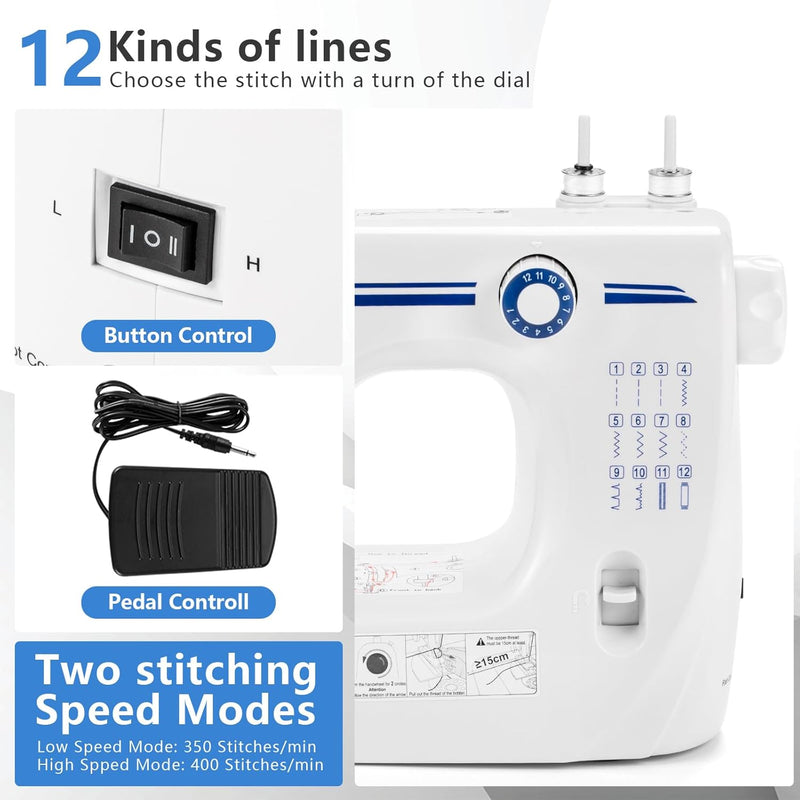 Nähmaschine, Mini-Nähmaschine, tragbare elektrische Nähmaschine für Anfänger, 12 integrierte Stiche,