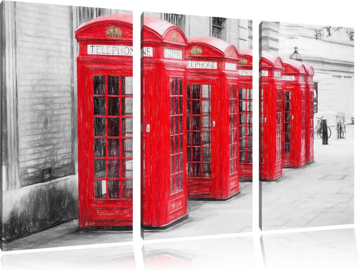 Pixxprint rote Londoner Telefonzellen als Leinwandbild/Grösse: 3 Teilig (120x80 cm) cm/Wandbild/Kuns