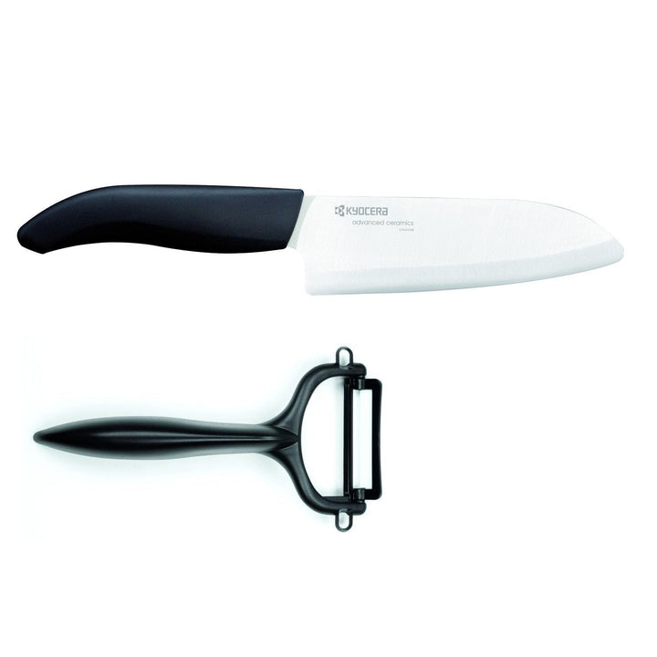 Kyocera Cut&Peel Set, Santokumesser (Klinge: 14 cm) mit Sparschäler, schwarzer Griff Schwarz Cut & P