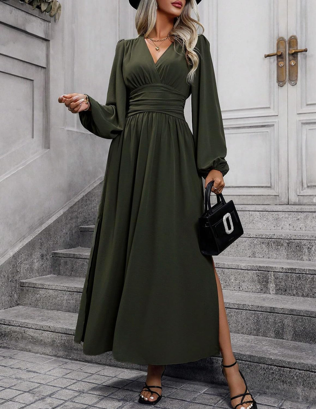 Damen Kleid 2.0 Elegant Langarm V-Ausschnit Tunika Maxikleider Casual Hohe Taille Saumschlitz Cockta