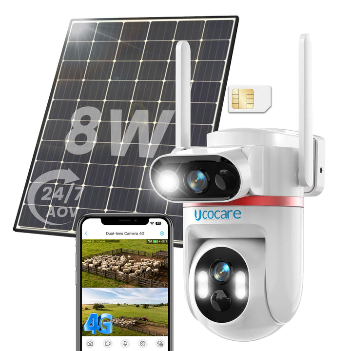 UCOCARE Überwachungskamera Aussen Solar, 4G LTE Überwachungskamera mit SIM Karte, 4MP Dual-Kameras,