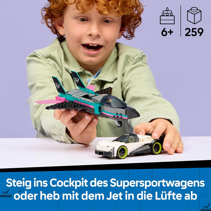LEGO City Düsenflieger vs. Rennauto - Spielzeug Set mit Flugzeug, Supersportwagen und Pilot und Fahr