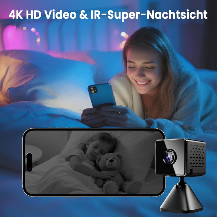 javiscam Mini Kamera inklusive Eurostecker,4K WiFi Überwachungskamera Innen Akku mit Nachtsicht, Kam