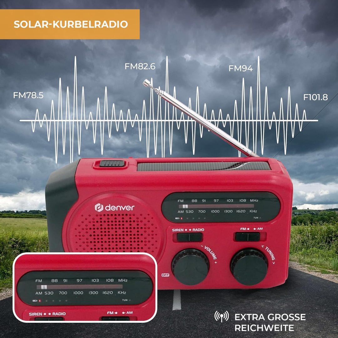 Denver SCR-2010MK2 Kurbelradio Notfallradio Solar – AM/FM Weltempfänger mit Handkurbel - Solarpanel