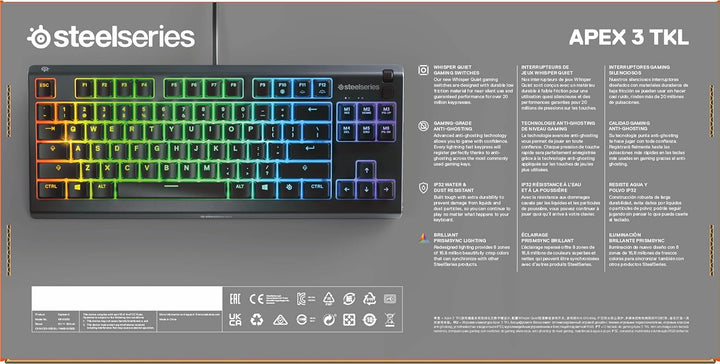 SteelSeries Apex 3 TKL - RGB Gaming-Tastatur - Kompakter Tenkeyless-Formfaktor - 8-Zonen-RGB-Beleuch