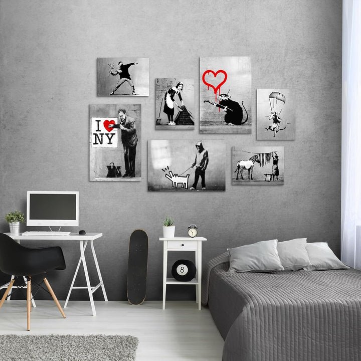 Novart Wandbilder Banksy Collage - KOMPLETT AUFHÄNGFERTIG - Street Art Wohnzimmer Büro - 7 Moderne M