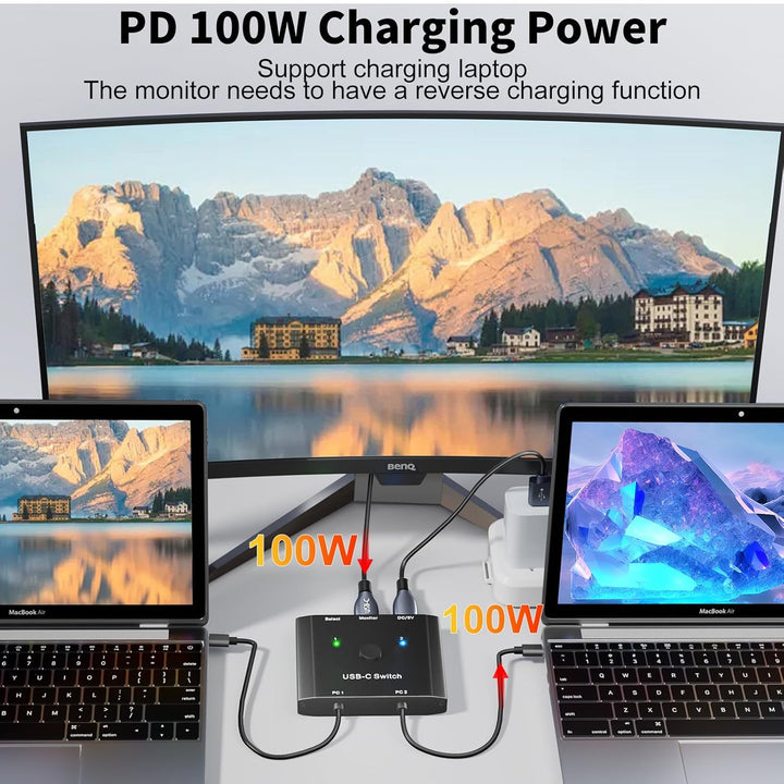USB C Switch 2 in 1 out, KVM Switch USB C for 2 Laptops 1 Monitor, 4K@120Hz, 10Gbps, 100W PD, USB3.1