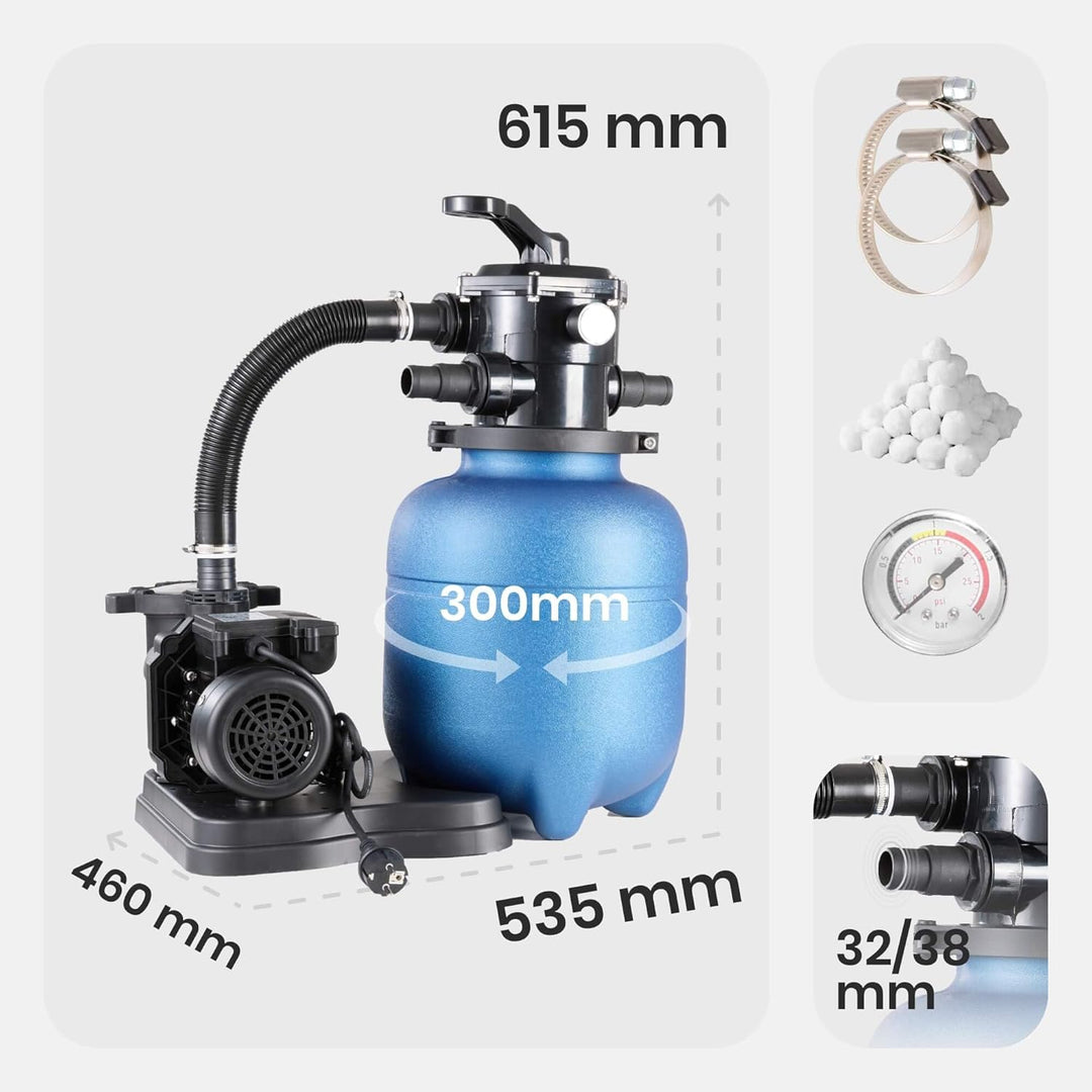 Arebos Sandfilteranlage mit Pumpe inkl. 700g Filterbälle | Blau | 400W | 10.200 L/h | Tankvolumen bi