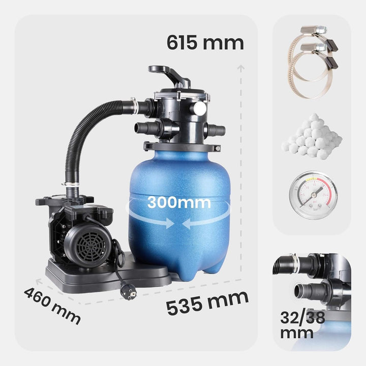 Arebos Sandfilteranlage mit Pumpe inkl. 700g Filterbälle | Blau | 400W | 10.200 L/h | Tankvolumen bi