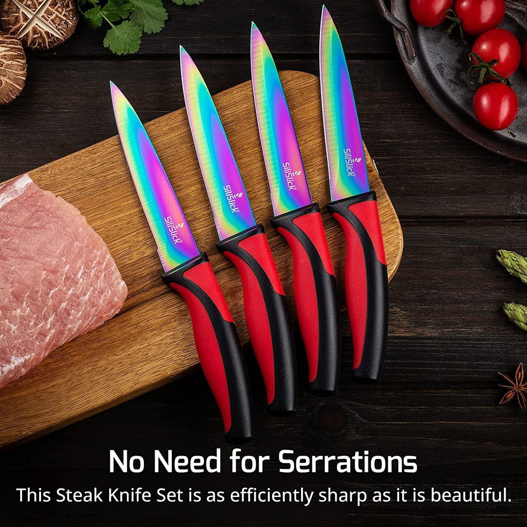 SiliSlick Steakmesser Set - Schillernd/Regenbogen Titanbeschichtete Edelstahlmesser - 5 Zoll / 12,7