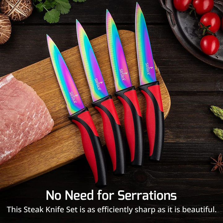 SiliSlick Steakmesser Set - Schillernd/Regenbogen Titanbeschichtete Edelstahlmesser - 5 Zoll / 12,7