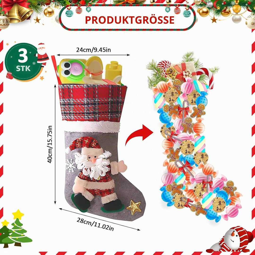 Nikolausstrumpf 3er Set, Personalisiert Grosser 3D Weihnachtsstrumpf, Nikolausstiefel zum Befüllen B