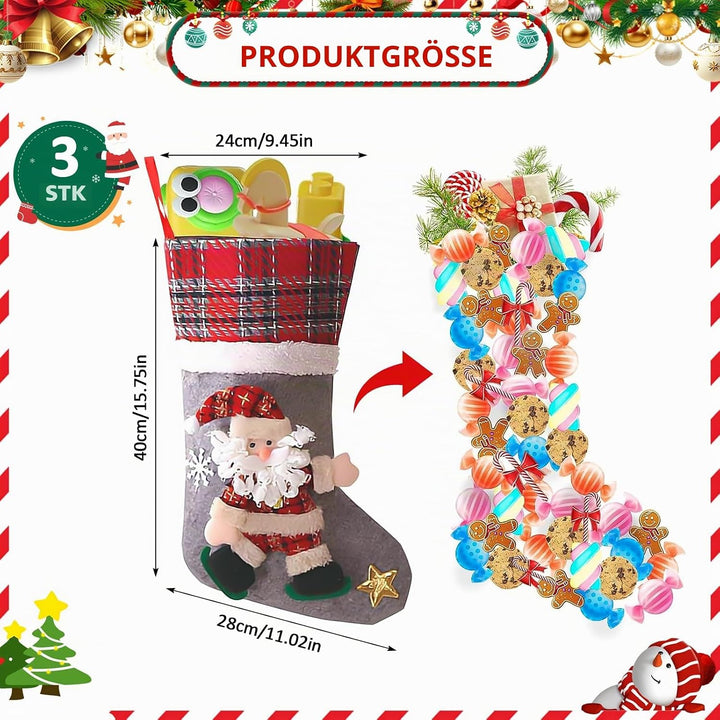 Nikolausstrumpf 3er Set, Personalisiert Grosser 3D Weihnachtsstrumpf, Nikolausstiefel zum Befüllen B