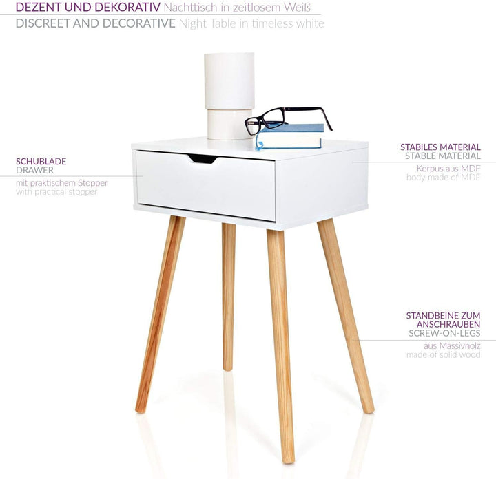 Furniture for Friends Möbelfreude Doluna Nachtkonsole Tjark Nachttisch mit Schublade | Weiss mit Hol