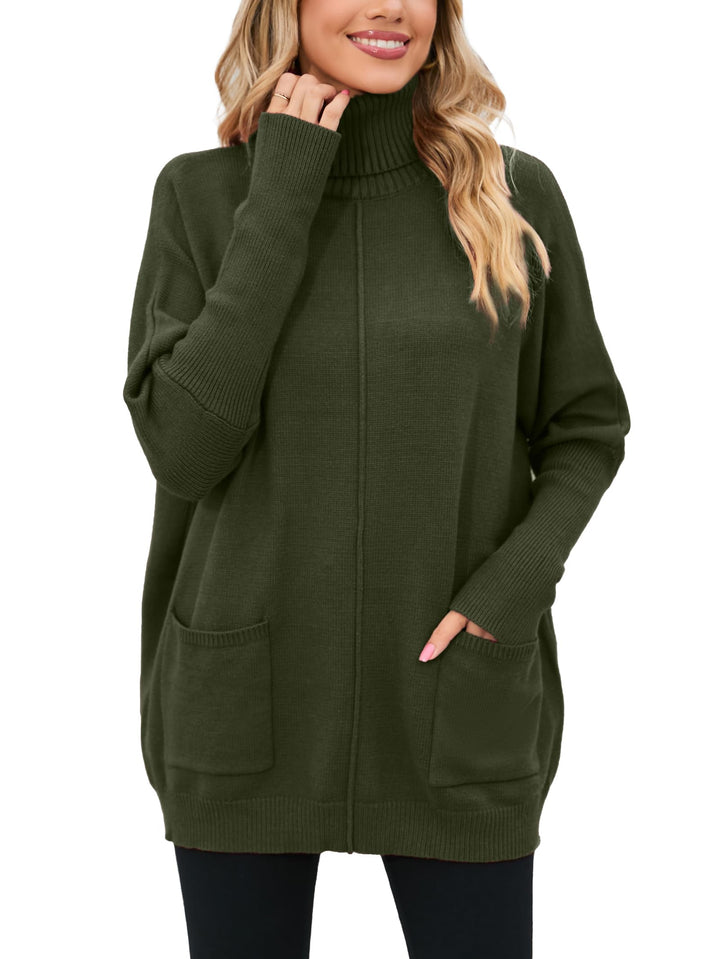 Famulily Basic Dicke Warm Herbst Winter Fledermausärmel Strick Damen Rollkragenpullover Mit Taschen