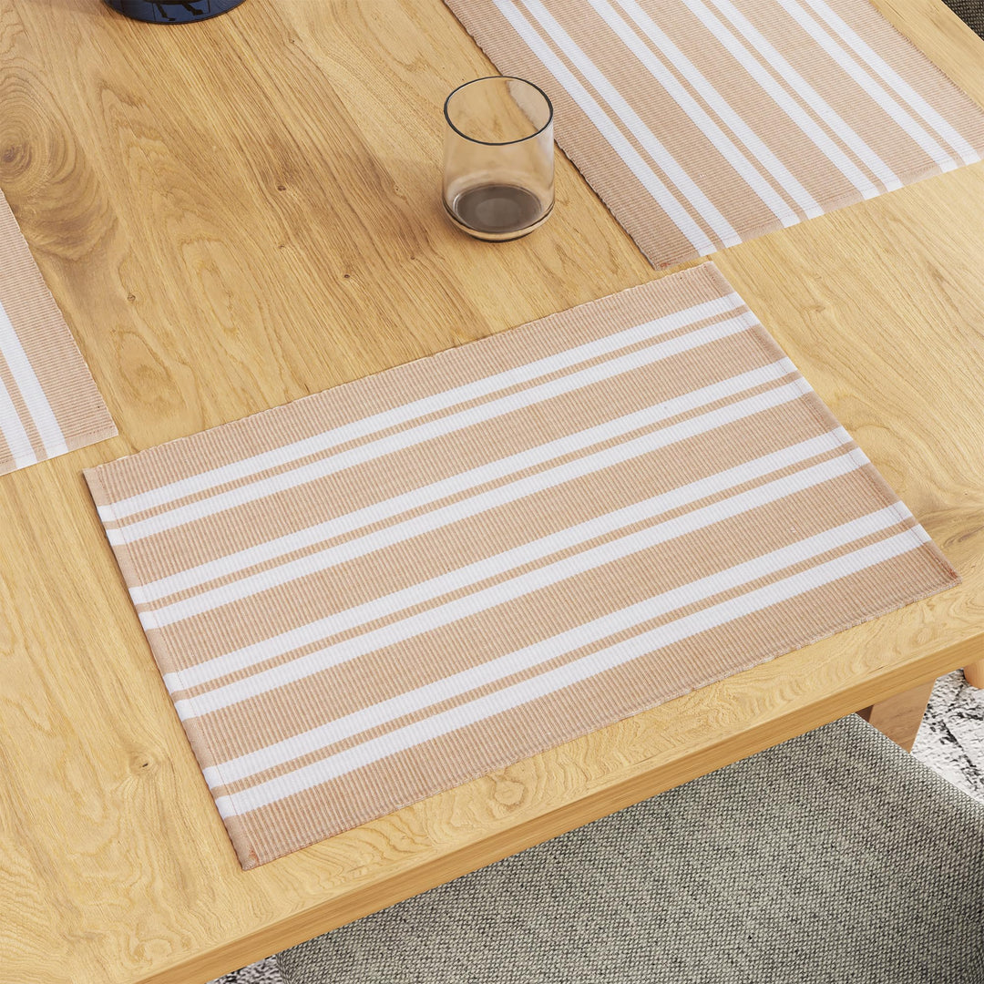 Encasa XO Platzsets Esstisch Set von 6 | Franca Beige Streifen | Fein gerippte Baumwoll-Tischunterla