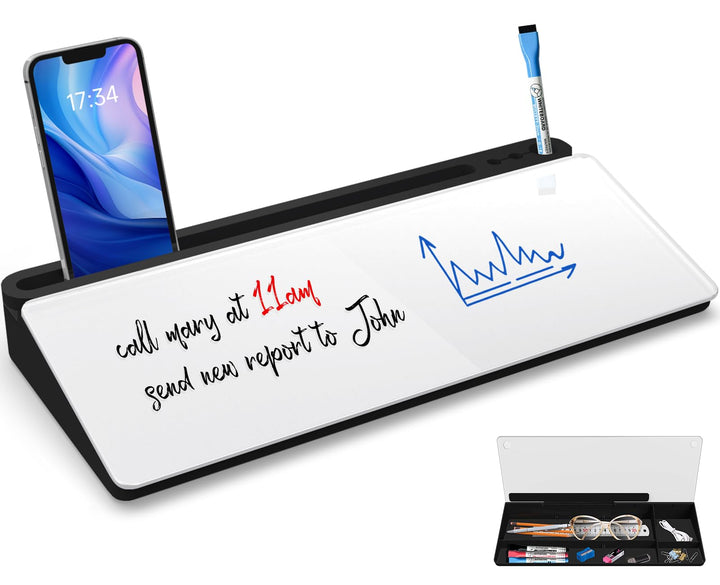 Schreibtisch Whiteboard mit Stauraum, Trockenwisch Glas Whiteboard inklusive 3 Markern, Organizer fü