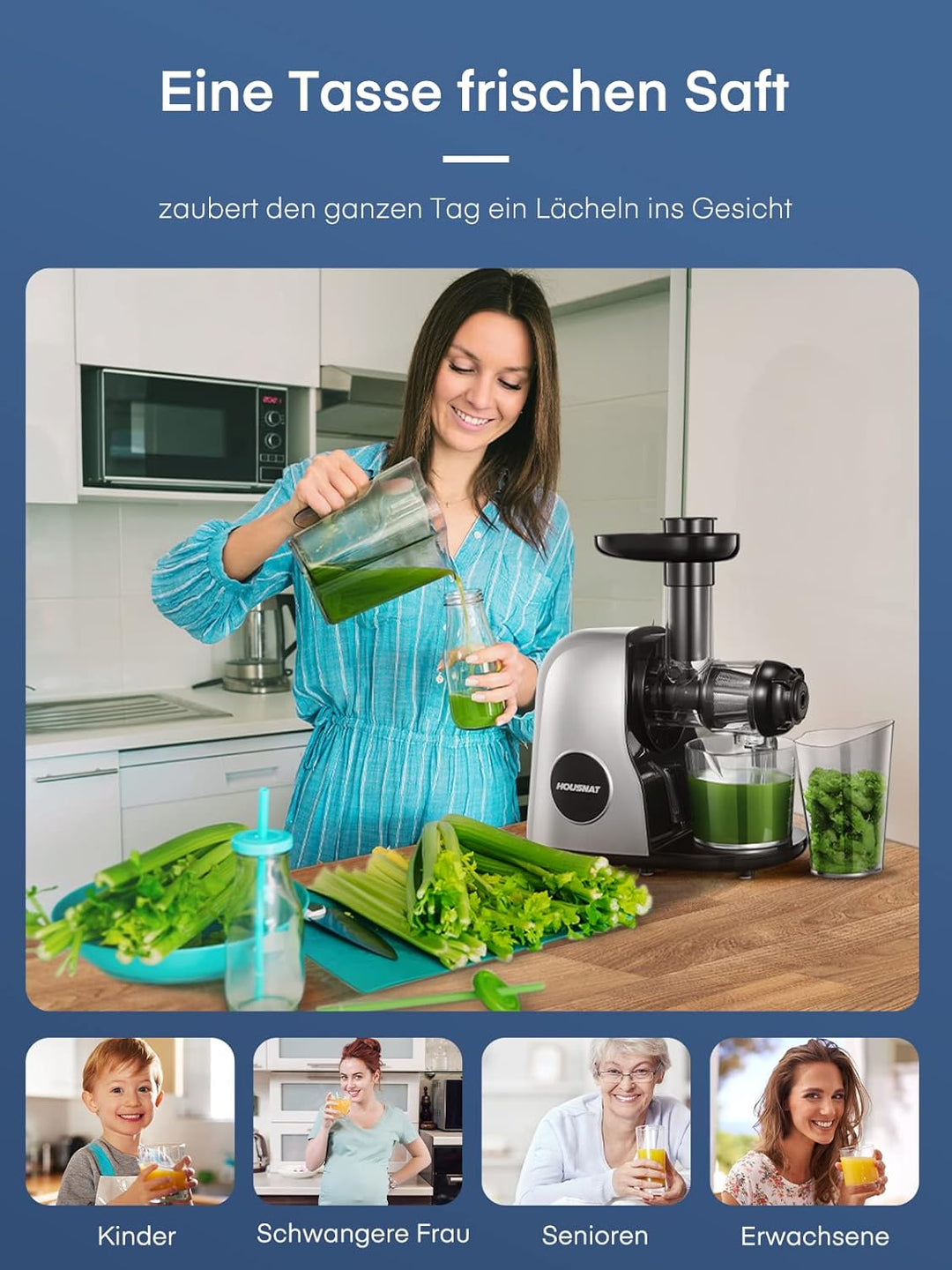 HOUSNAT Slow Juicer, Entsafter Gemüse und Obst, Profi Entsafter mit Ruhigem Motor │ Umkehrfunktion │