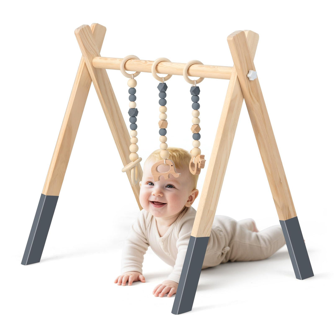 COSTWAY Baby Spielbogen Holz, Spieltrapez klappbar, Baby Gym mit 3 abnehmbaren Kinderspielzeugen, Sp