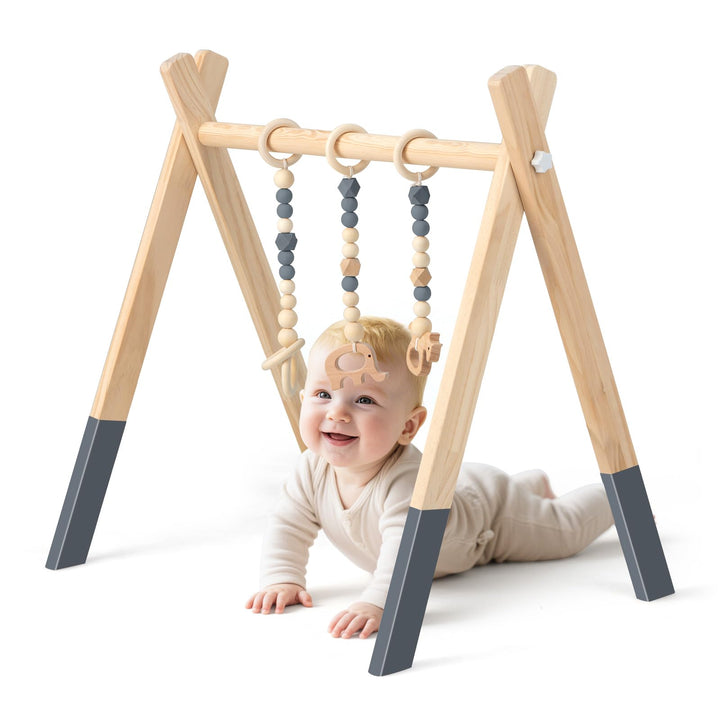 COSTWAY Baby Spielbogen Holz, Spieltrapez klappbar, Baby Gym mit 3 abnehmbaren Kinderspielzeugen, Sp