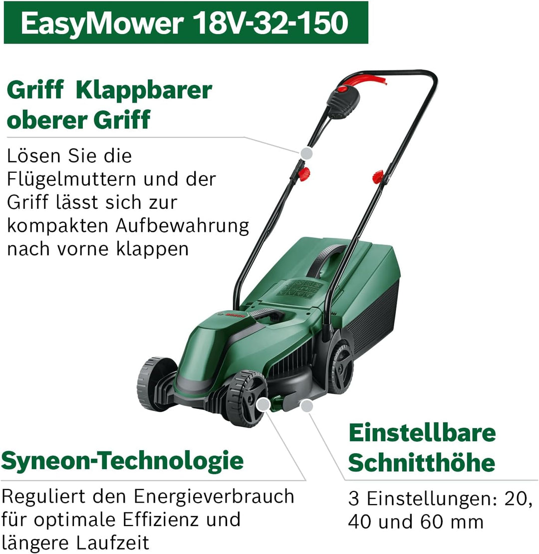 Bosch Akku-Rasenmäher EasyMower 18V-32-150 (Bis zu 100 m2 mit einem 3,0-Ah-Akku; 18-Volt-System; Sch