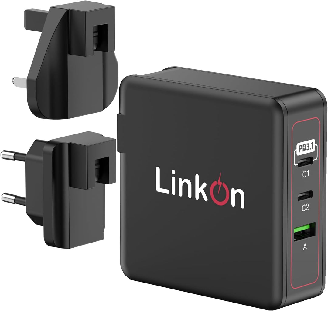 LinkOn Ganius 140W PD3.1 Wandladegerät mit GaN-Technologie, 140W/100W USB-C und 20W QC3.0 USB-A, 3-P