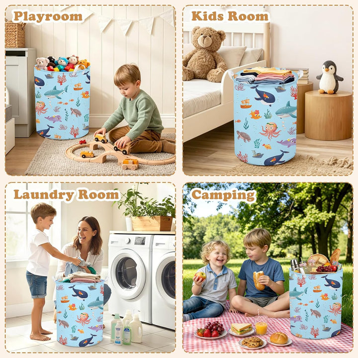 decalsweet Gross Wäschekorb Kinder, 63L Aufbewahrungskorb Kinder Meerestiere | mit Griffen,für Kleid