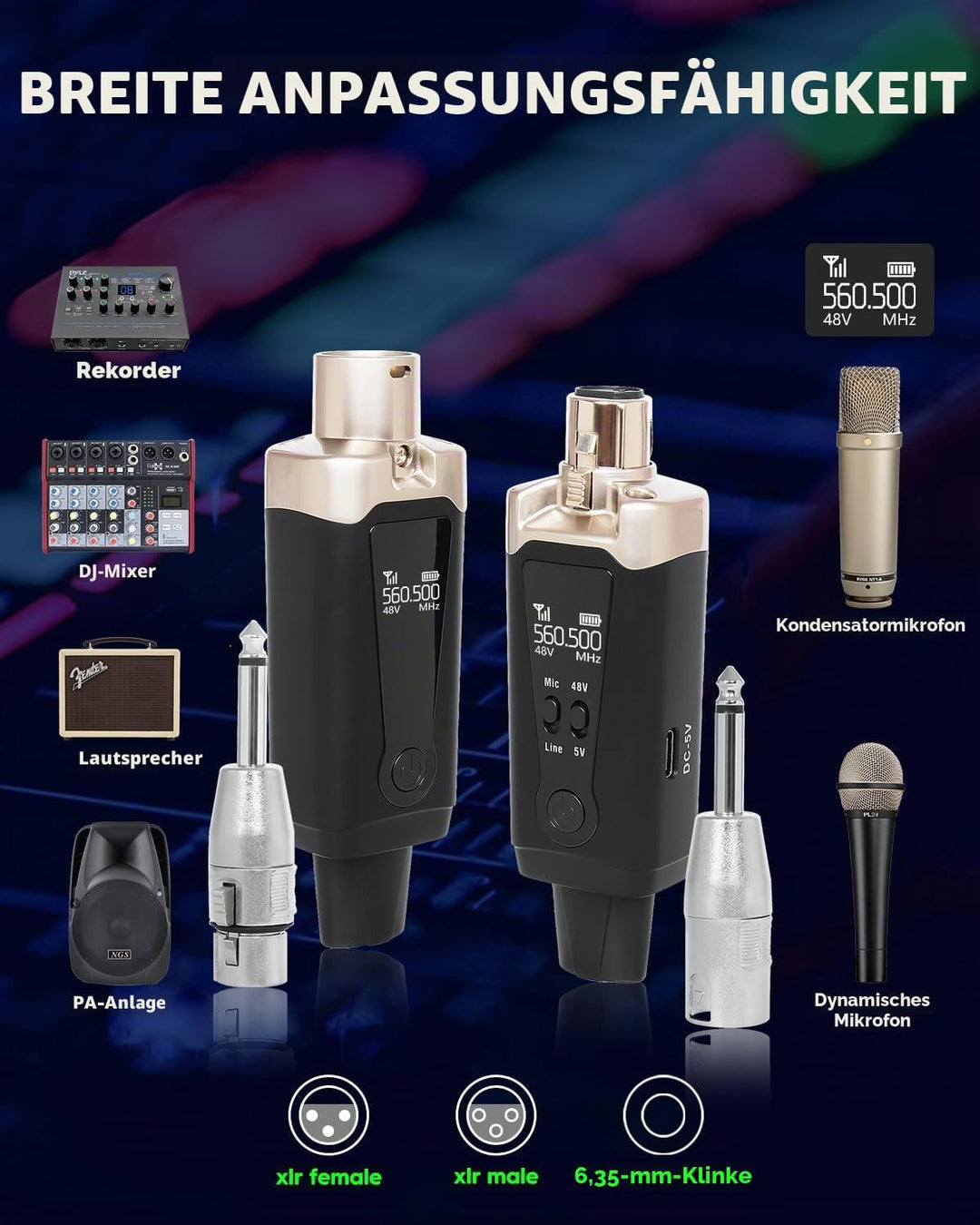 STRICH M2 UHF Drahtloses Mikrofone Sender Empfänger, XLR Mic Adapter 16 Kanäle für dynamische Mikrof