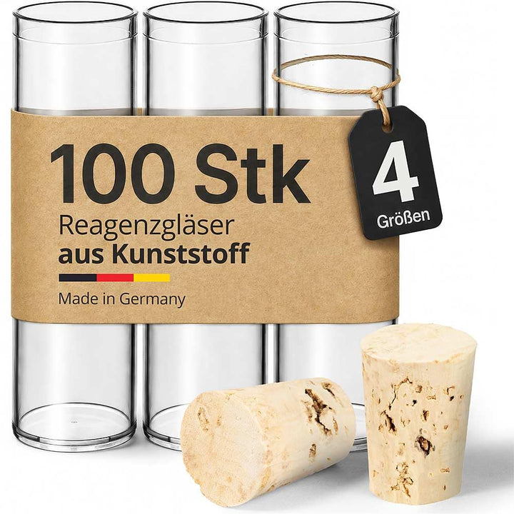 Tuuters 100x Kunststoff Reagenzgläser mit Korken, Kunststoffröhrchen (75 x Ø23, Naturkorken hellbrau