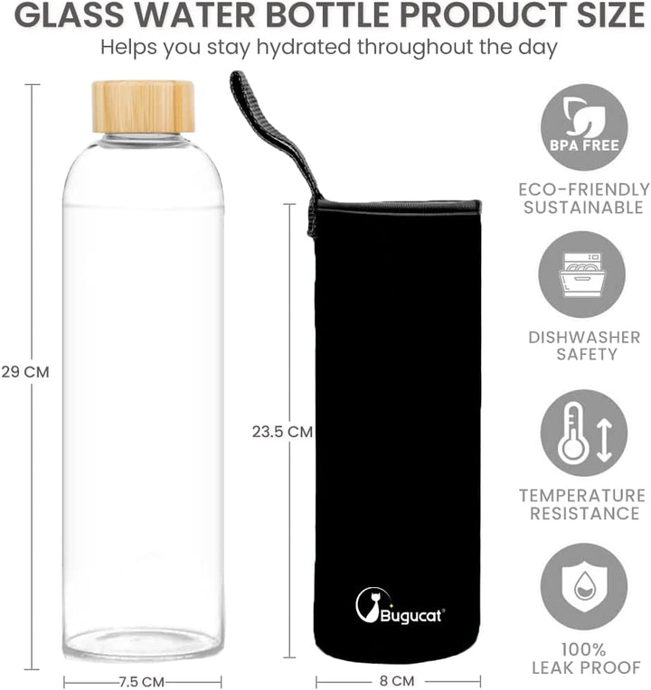 Bugucat Trinkflasche Glas 1L,wasserflasche glas mit Schutzhülle, Glasflasche Wasserflasche aus Boros