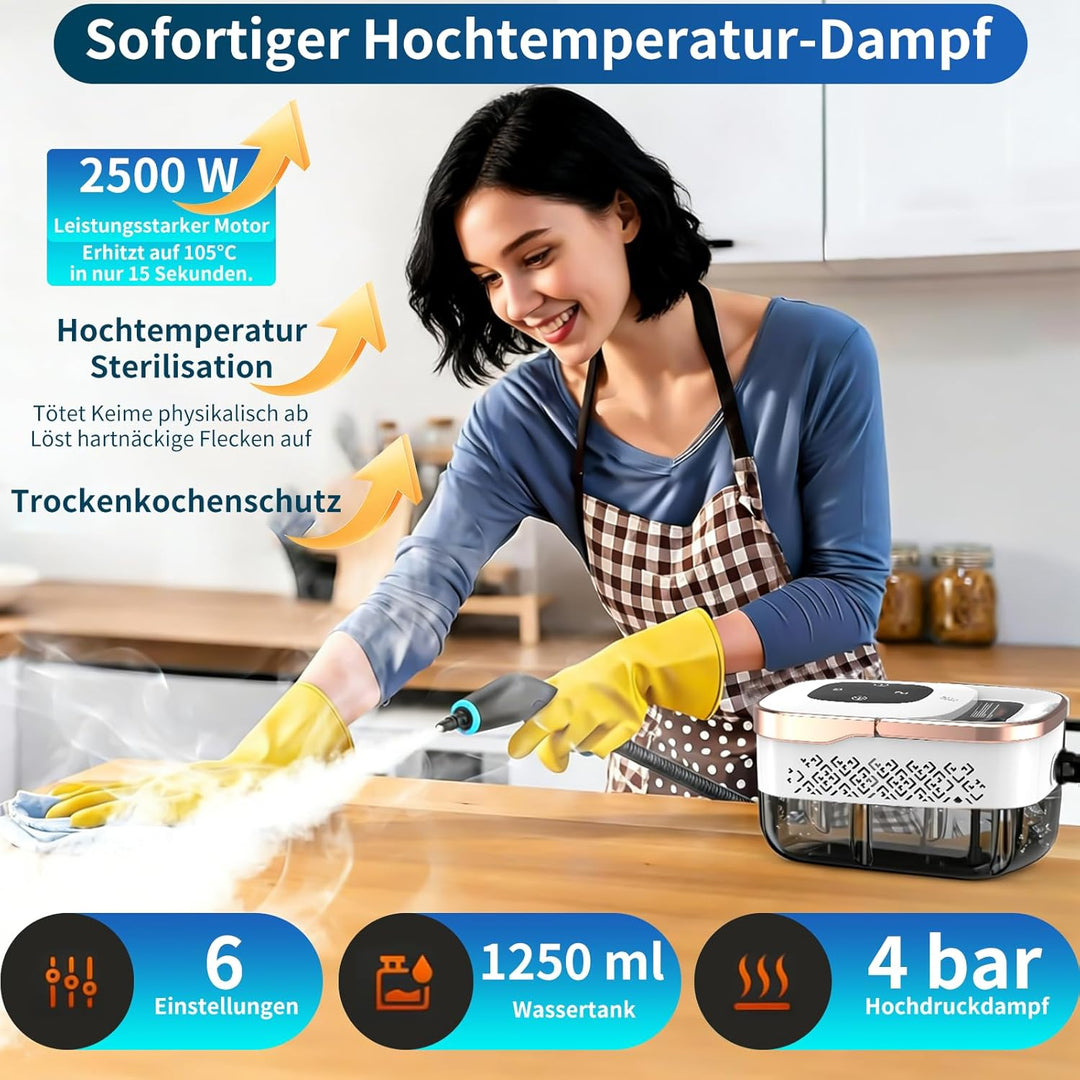 Dampfreiniger Handgerät, 2500W Handdampfreiniger, 8 Düsen, 6 Dampfstufen, 1250 ML Tank, 105℃ Hochtem