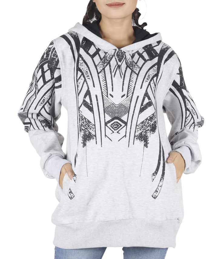GURU SHOP Goa Festival Hoody mit Tribal Print, Kapuzenpulli, Sweatshirt, Damen, Baumwolle 36 Grau, 3