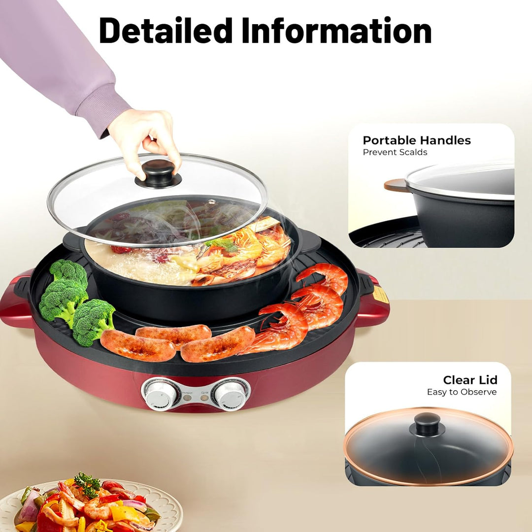 2 in 1 Hotpot und Raclette grill, Hot Pot Elektrischer, Heizelement aus Edelstahl, Korean BBQ Grill,