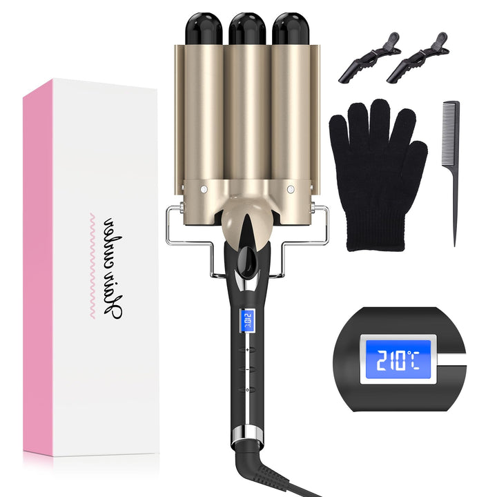 Welleneisen 3 Fässer Lockenstab Φ32mm GROẞE WELLEN, AIMERVO Waver LCD 14 Temperaturstufen 80-210℃, f
